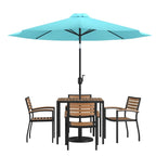 35  Square Faux Teak Patio Table, 4 Chairs and 9FT Patio Umbrella with Base