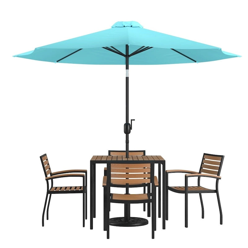 35  Square Faux Teak Patio Table, 4 Chairs and 9FT Patio Umbrella with Base