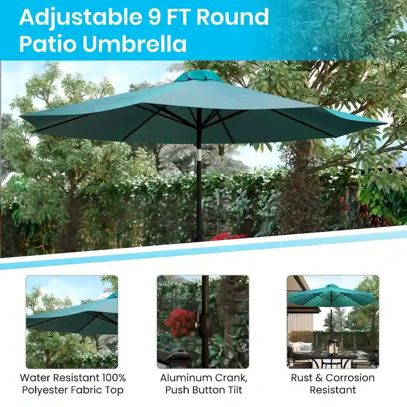 35  Square Faux Teak Patio Table, 4 Chairs and 9FT Patio Umbrella with Base