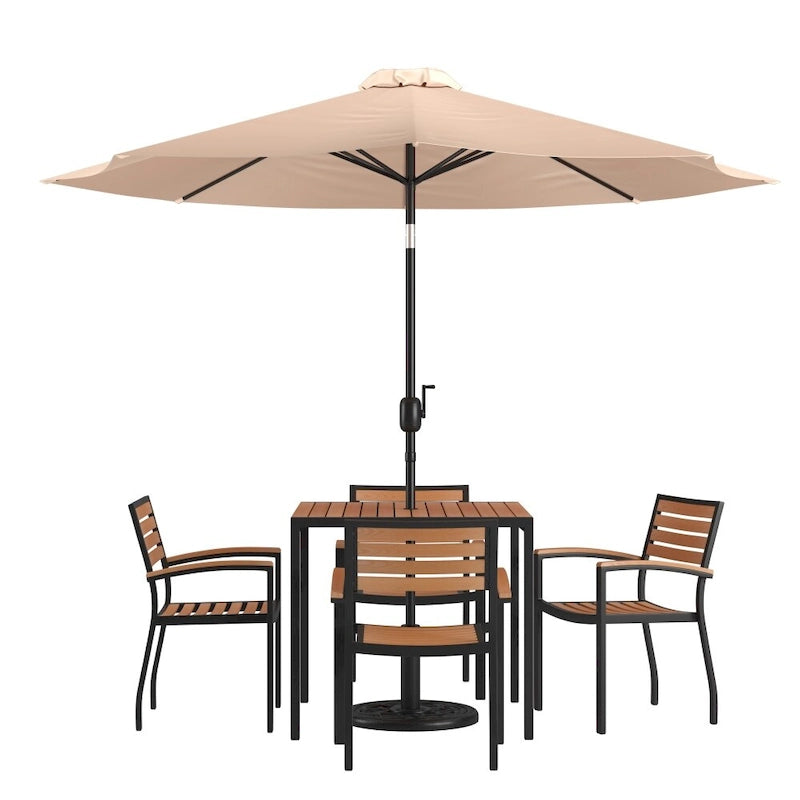 35  Square Faux Teak Patio Table, 4 Chairs and 9FT Patio Umbrella with Base