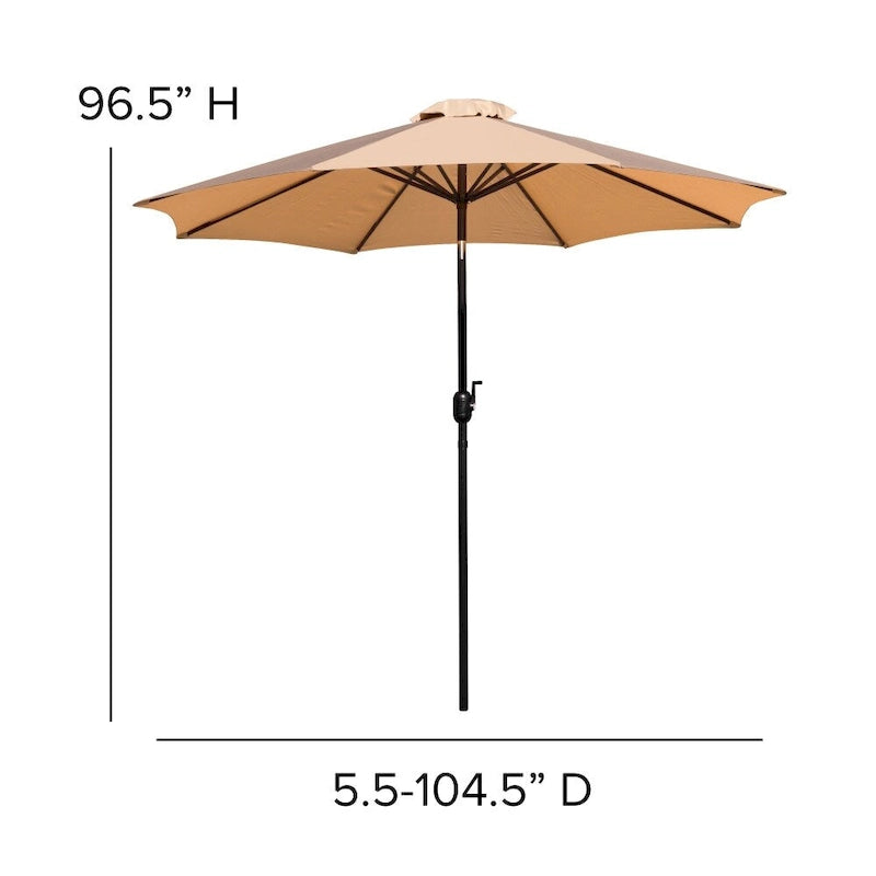 35  Square Faux Teak Patio Table, 4 Chairs and 9FT Patio Umbrella with Base