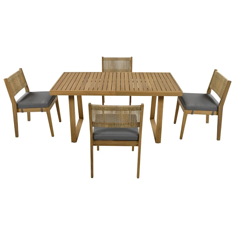 5-Piece Outdoor Acacia Wood Dining Table and Chair Set, Thick Cushions
