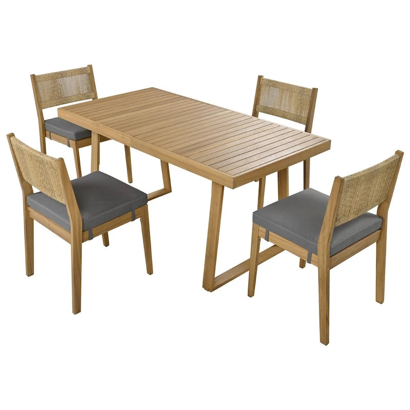 5-Piece Outdoor Acacia Wood Dining Table and Chair Set, Thick Cushions