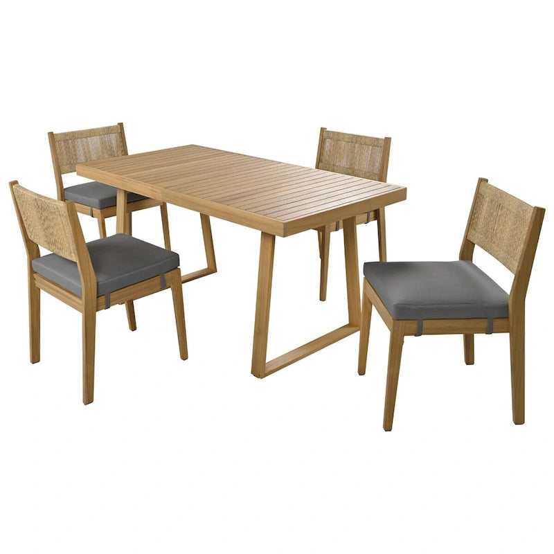 5-Piece Outdoor Acacia Wood Dining Table and Chair Set, Thick Cushions