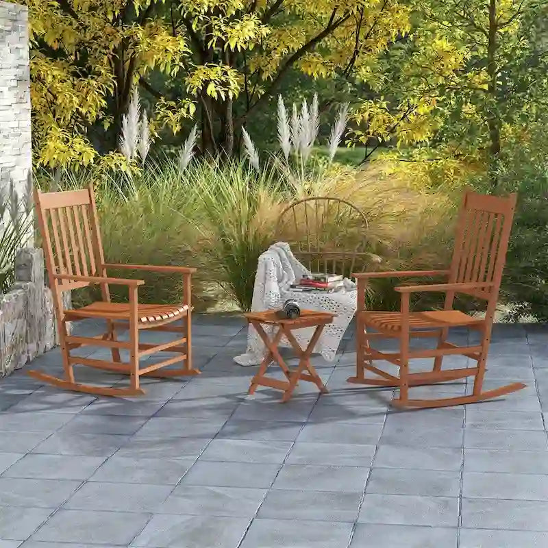 3 Piece Patio High Back Wood Rocking Chair with Side Table and Armrest