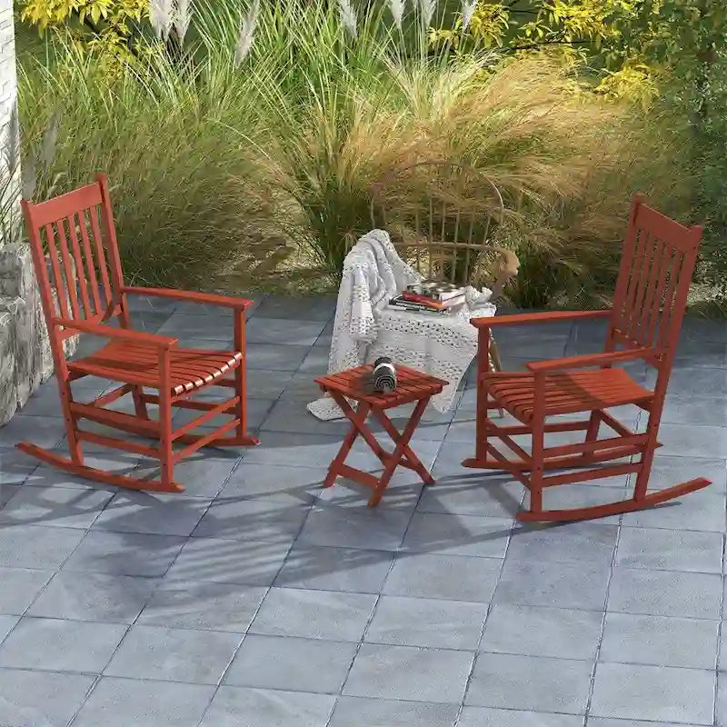 3 Piece Patio High Back Wood Rocking Chair with Side Table and Armrest