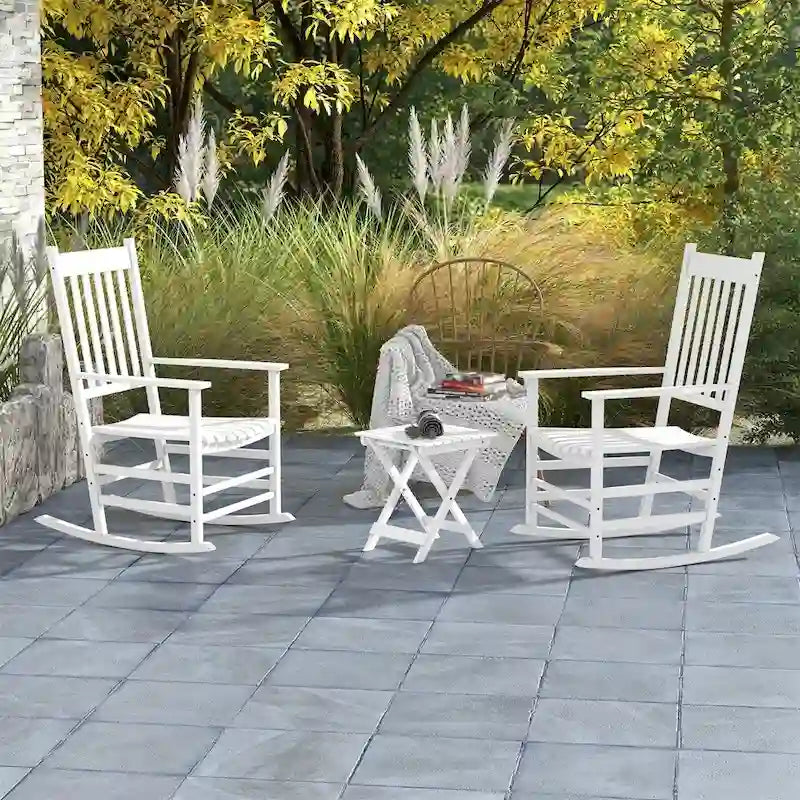 3 Piece Patio High Back Wood Rocking Chair with Side Table and Armrest