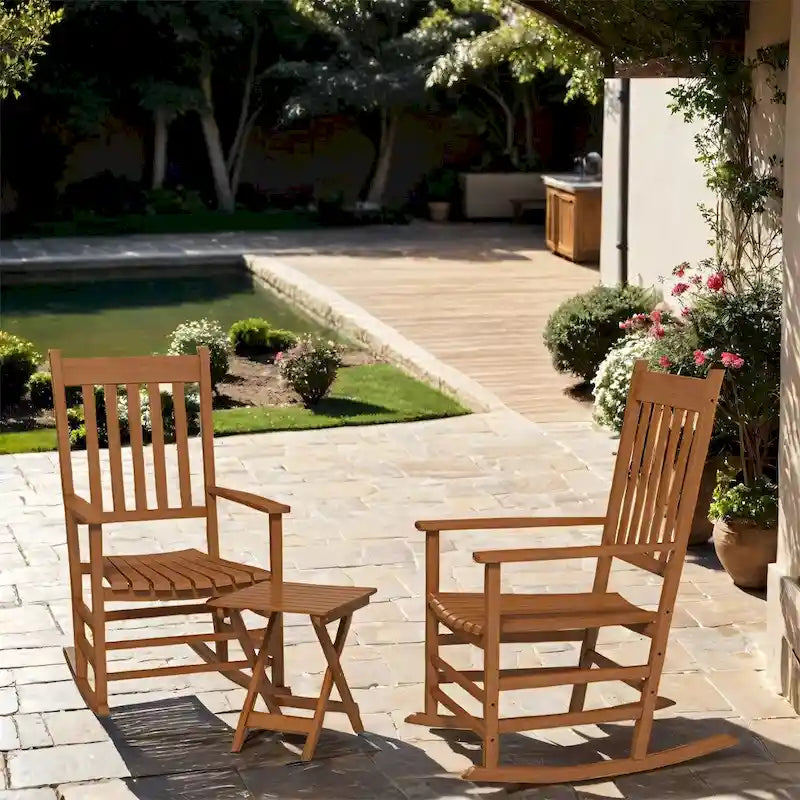3 Piece Patio High Back Wood Rocking Chair with Side Table and Armrest