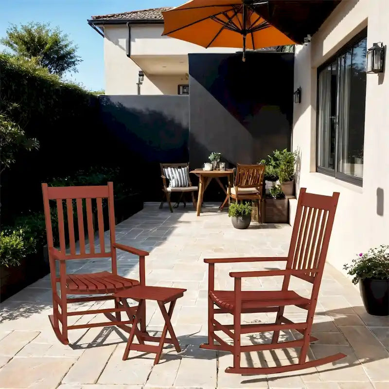 3 Piece Patio High Back Wood Rocking Chair with Side Table and Armrest