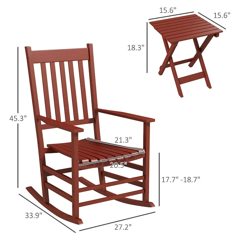 3 Piece Patio High Back Wood Rocking Chair with Side Table and Armrest