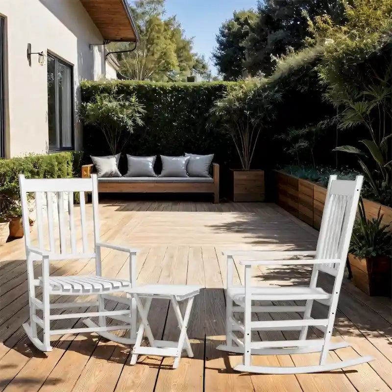 3 Piece Patio High Back Wood Rocking Chair with Side Table and Armrest