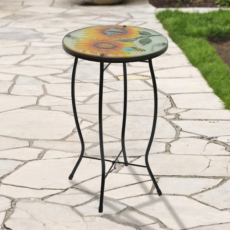 19  Sunflower and Bumblebee Glass Patio Side Table