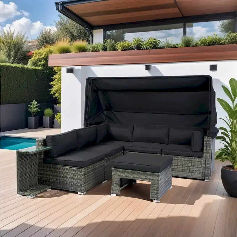 7-Piece Patio Furniture Set w/Retractable Canopy Wicker Rattan Sectional Sofa Set,Washable Cushions,Grey wicker + Black Cushion
