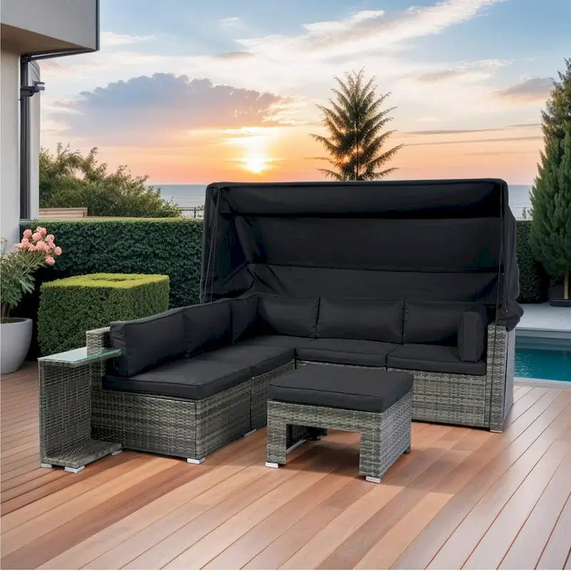 7-Piece Patio Furniture Set w/Retractable Canopy Wicker Rattan Sectional Sofa Set,Washable Cushions,Grey wicker + Black Cushion