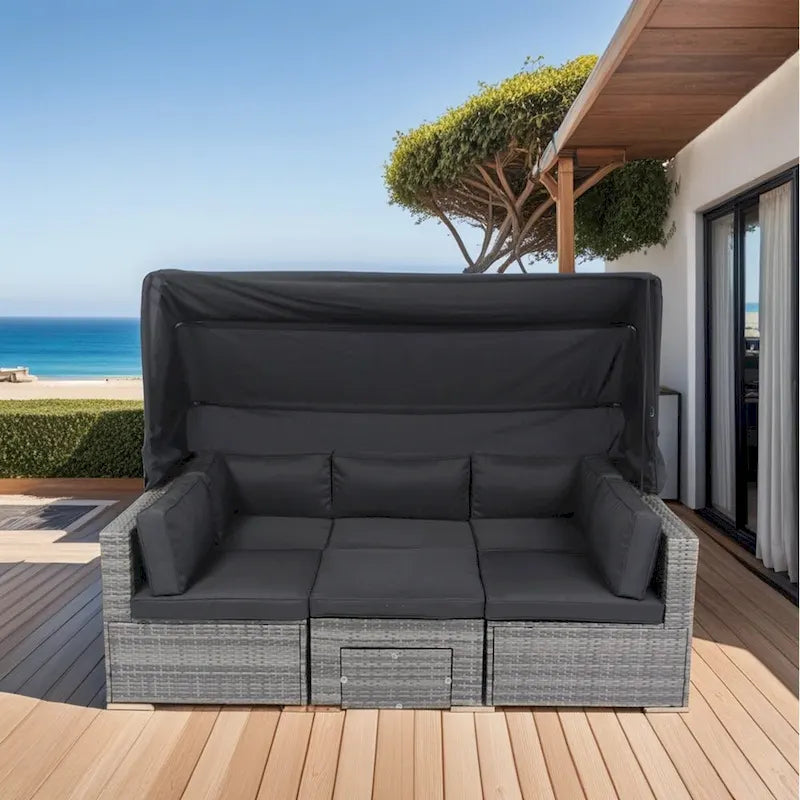 7-Piece Patio Furniture Set w/Retractable Canopy Wicker Rattan Sectional Sofa Set,Washable Cushions,Grey wicker + Black Cushion