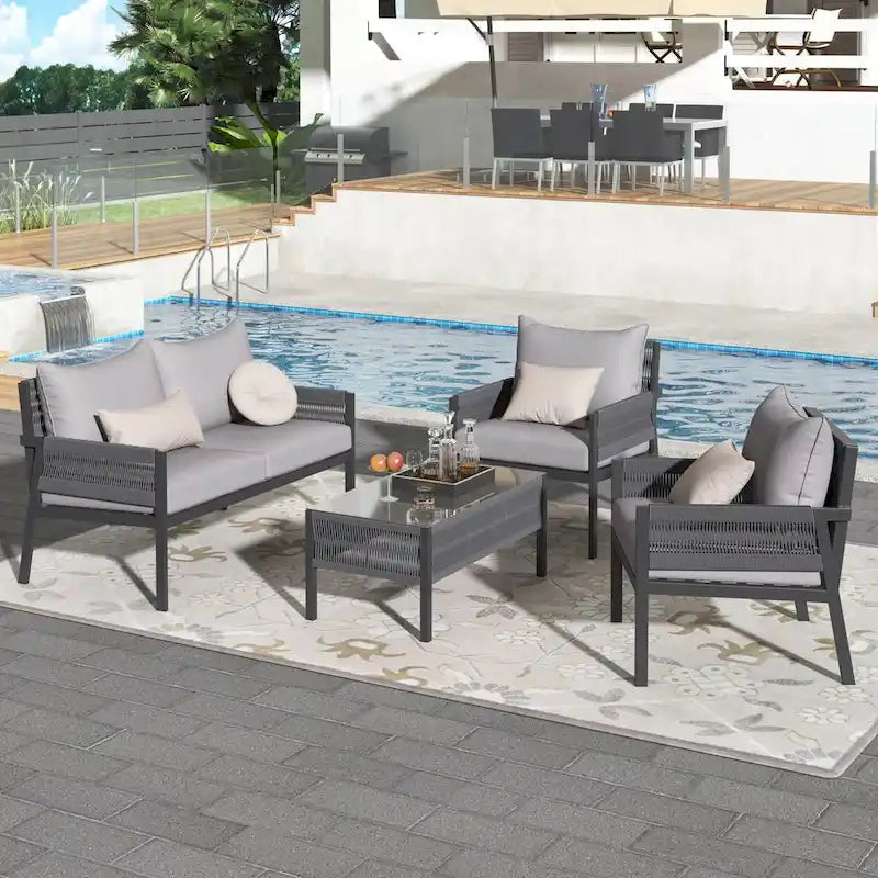 Outdoor Conversation Set:Patio Furniture Ensemble with Tempered Glass Table,4-Piece Rope Design