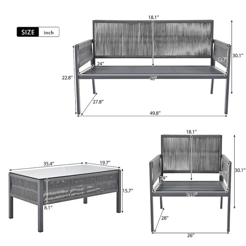 Outdoor Conversation Set:Patio Furniture Ensemble with Tempered Glass Table,4-Piece Rope Design