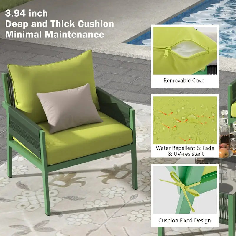 Outdoor Conversation Set:Patio Furniture Ensemble with Tempered Glass Table,4-Piece Rope Design