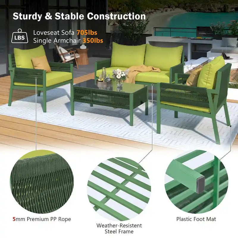 Outdoor Conversation Set:Patio Furniture Ensemble with Tempered Glass Table,4-Piece Rope Design