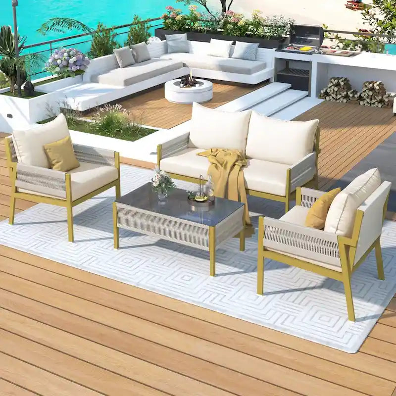 Outdoor Conversation Set:Patio Furniture Ensemble with Tempered Glass Table,4-Piece Rope Design