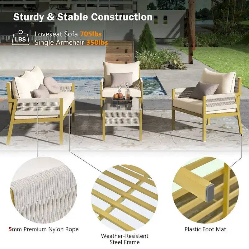 Outdoor Conversation Set:Patio Furniture Ensemble with Tempered Glass Table,4-Piece Rope Design