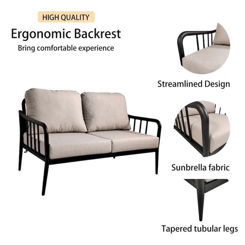 Modern Outdoor Conversation Set: Aluminum Loveseat and Oval Coffee Table in Ember Black