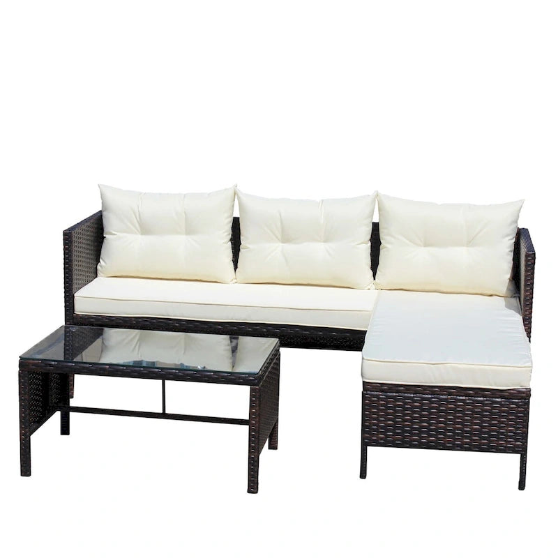 3-Piece Outdoor Patio PE Rattan Wicker Sectional Sofa Set with Seat Cushions and Tempered Glass Table