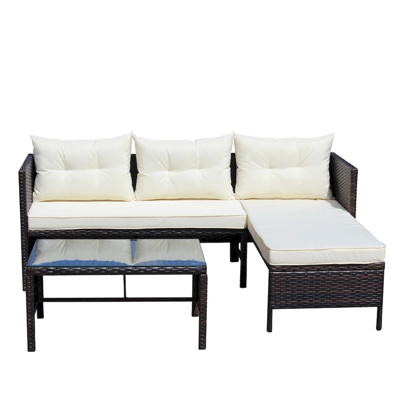 3-Piece Outdoor Patio PE Rattan Wicker Sectional Sofa Set with Seat Cushions and Tempered Glass Table