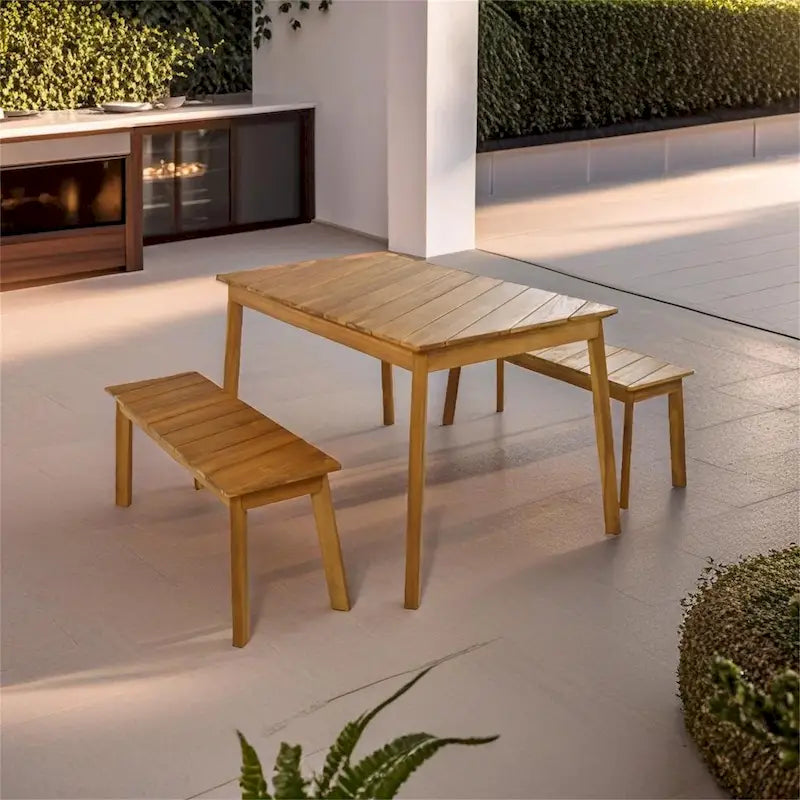 3 Pieces Acacia Wood Table Bench Dining Set