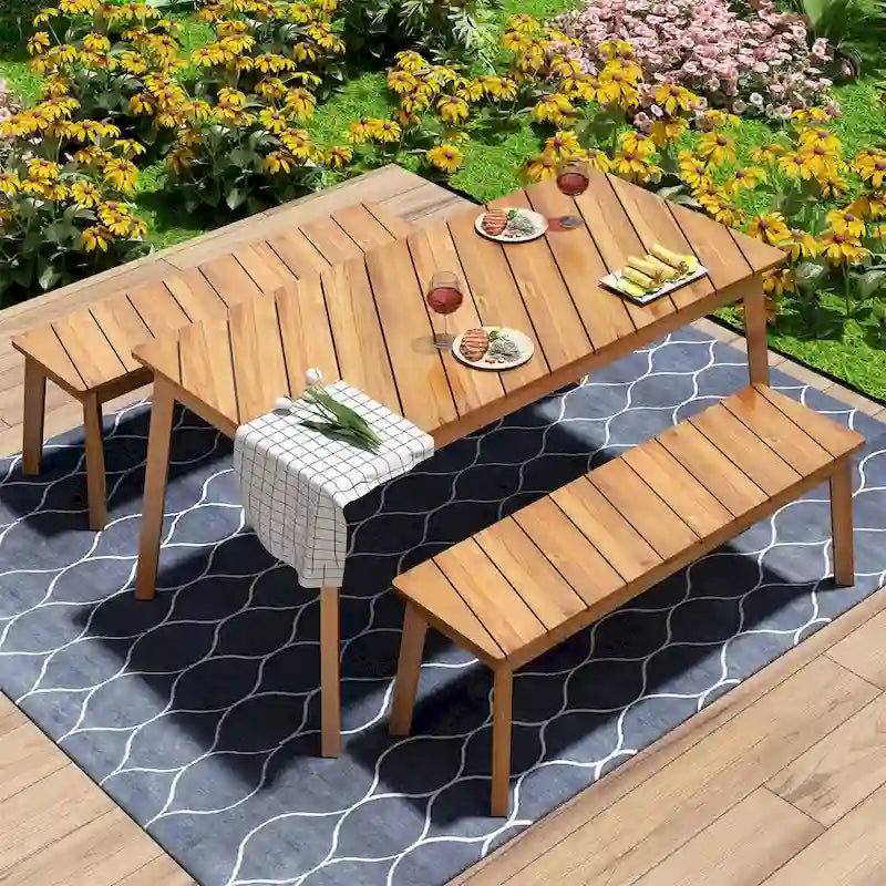 3 Pieces Acacia Wood Table Bench Dining Set