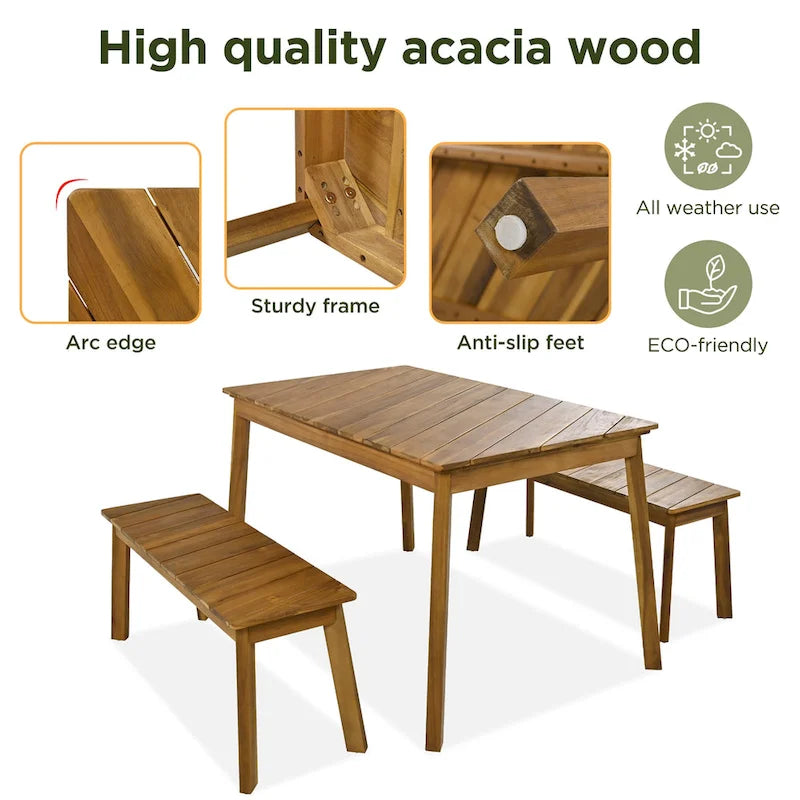 3 Pieces Acacia Wood Table Bench Dining Set