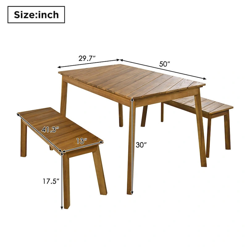 3 Pieces Acacia Wood Table Bench Dining Set