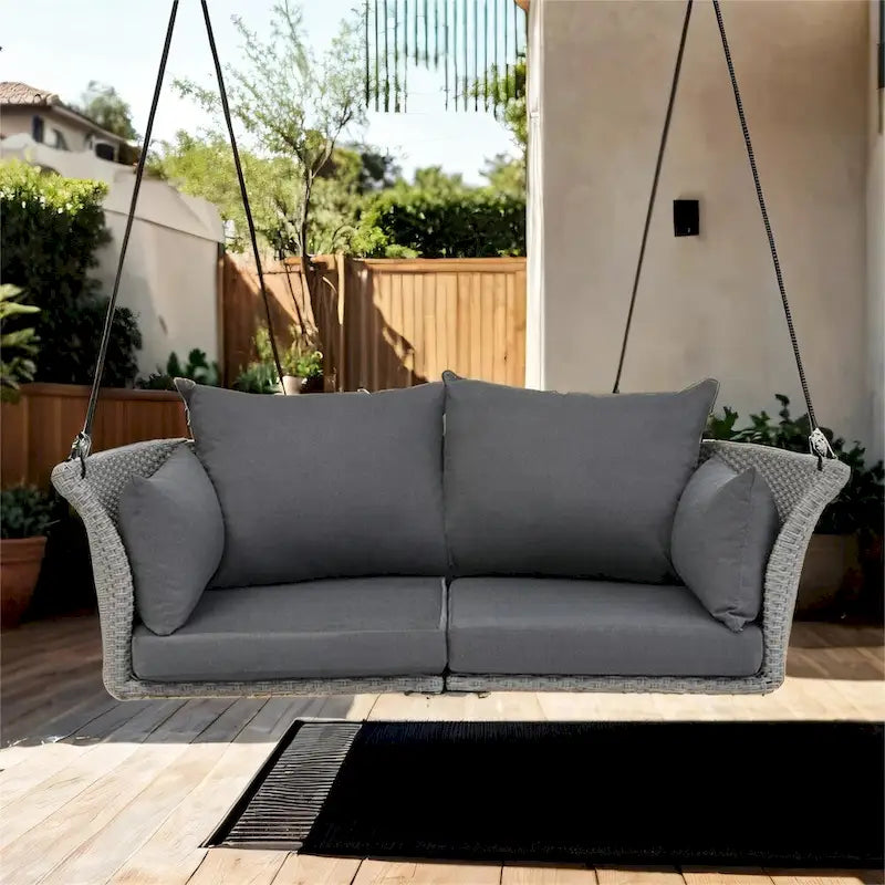 2 Seater Rattan Woven Swing Chair with Ropes and Cushion