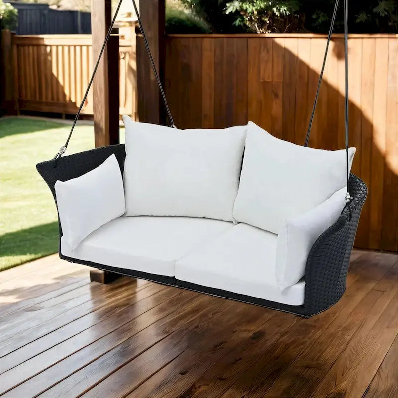 2 Seater Rattan Woven Swing Chair with Ropes and Cushion