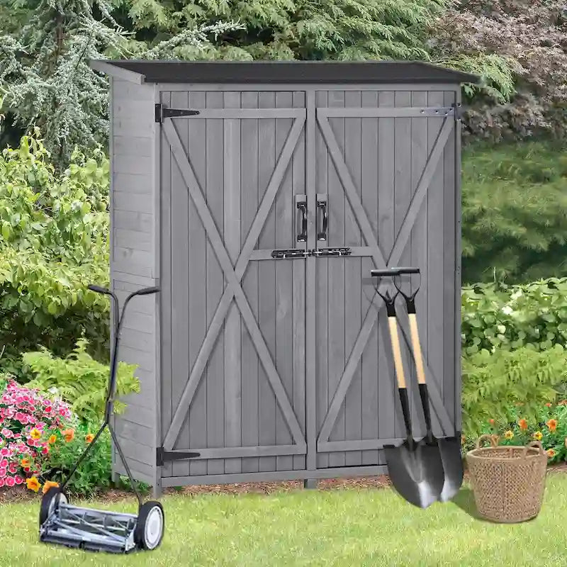 5.3ft Hx4.6ft L Wood Storage Shed Tool Organizer Storage Cabinet with Waterproof Asphalt Roof, Double Doors, 3-tier Shelves