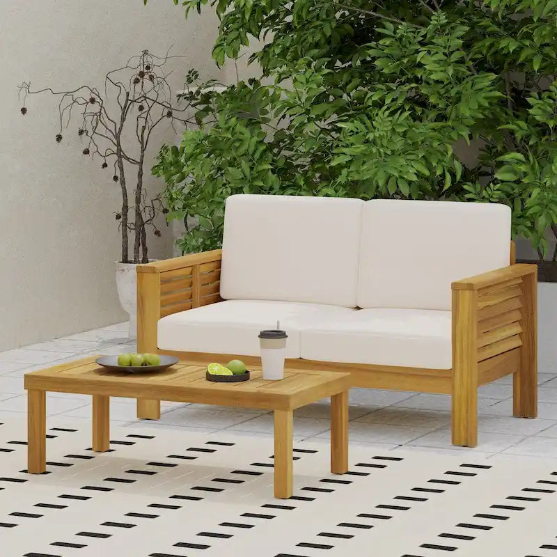 Teak Acacia Wood Loveseat and Coffee Table Set with Cushions