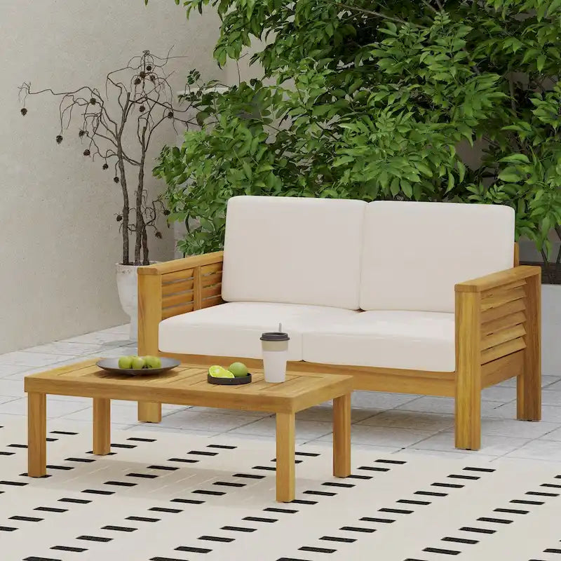 Teak Acacia Wood Loveseat and Coffee Table Set with Cushions