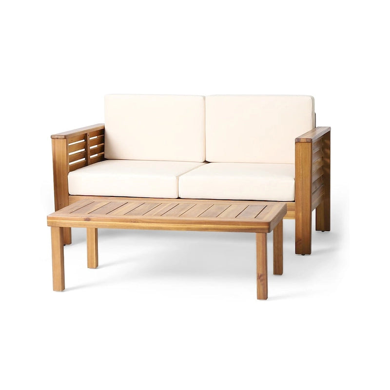 Teak Acacia Wood Loveseat and Coffee Table Set with Cushions