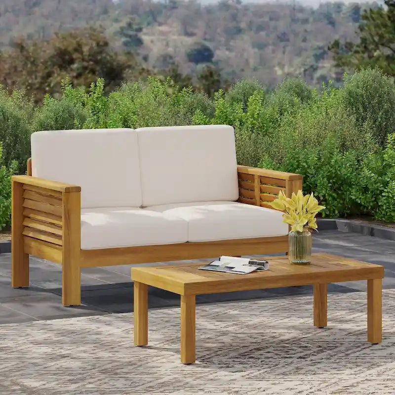 Teak Acacia Wood Loveseat and Coffee Table Set with Cushions