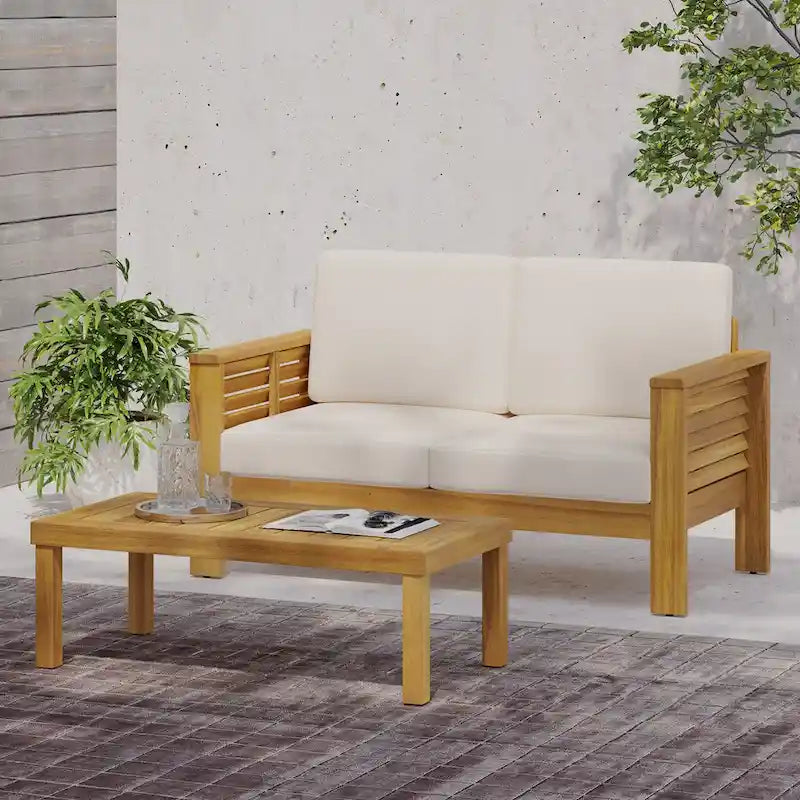 Teak Acacia Wood Loveseat and Coffee Table Set with Cushions
