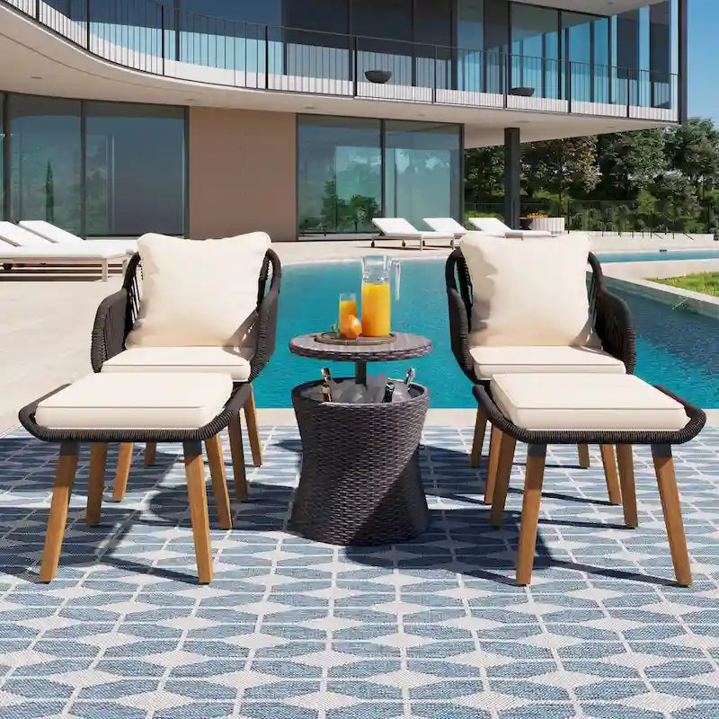 5 Pieces Patio Conversation Set with Cool Bar Table and Ottomans