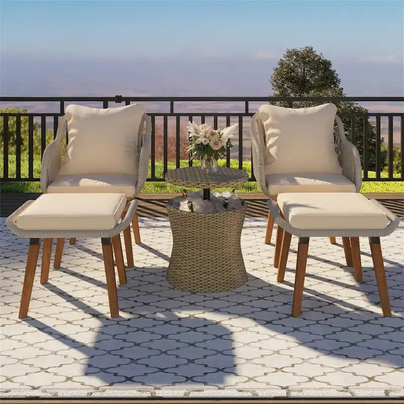 5 Pieces Patio Conversation Set with Cool Bar Table and Ottomans