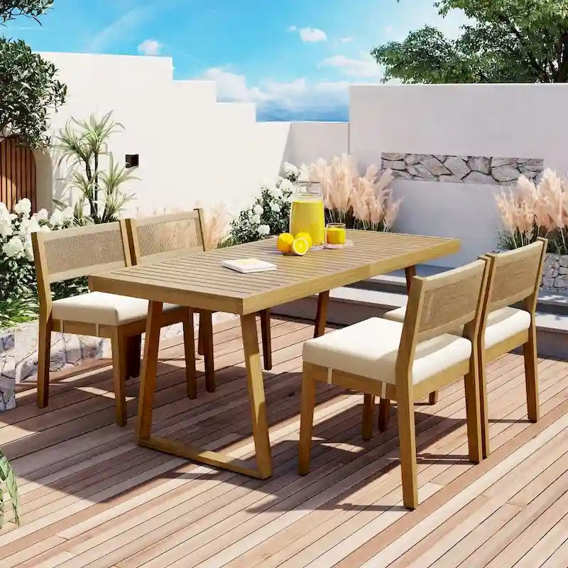 Multi-person Outdoor Acacia Wood Dining Table and Chair Set, Thick Cushions, Suitable