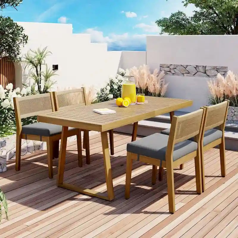 Multi-person Outdoor Acacia Wood Dining Table and Chair Set, Thick Cushions, Suitable