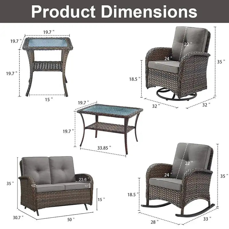 2 Rocking Glider and 2 Swivel Chairs, 1 Loveseat Glider with Coffee Table - Brown