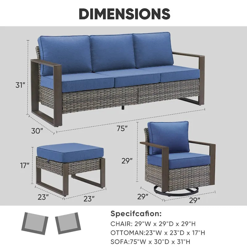 Outdoor Sectional Sofa with Swivel Chair, Ottomans - Grey