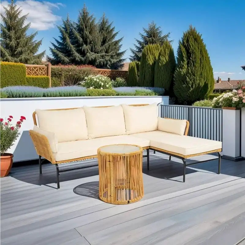 3 Pieces Outdoor Patio Wicker Furniture Sets Table and Chairs with 3.15-Inches Thick Cushion Outdoor Sofa Set