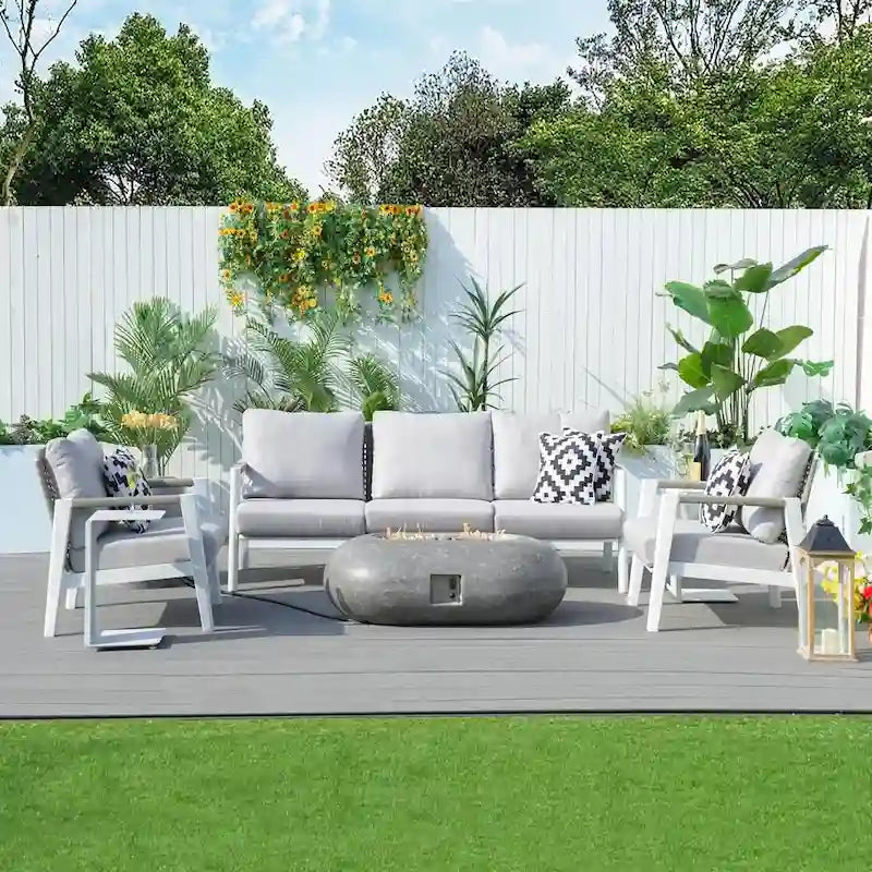 7 Piece Aluminum Patio Conversation Sofa Set with Oval Cement Fire Pit Table