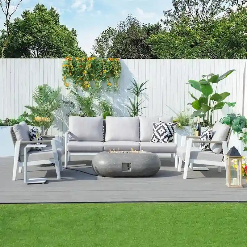 7 Piece Aluminum Patio Conversation Sofa Set with Oval Cement Fire Pit Table