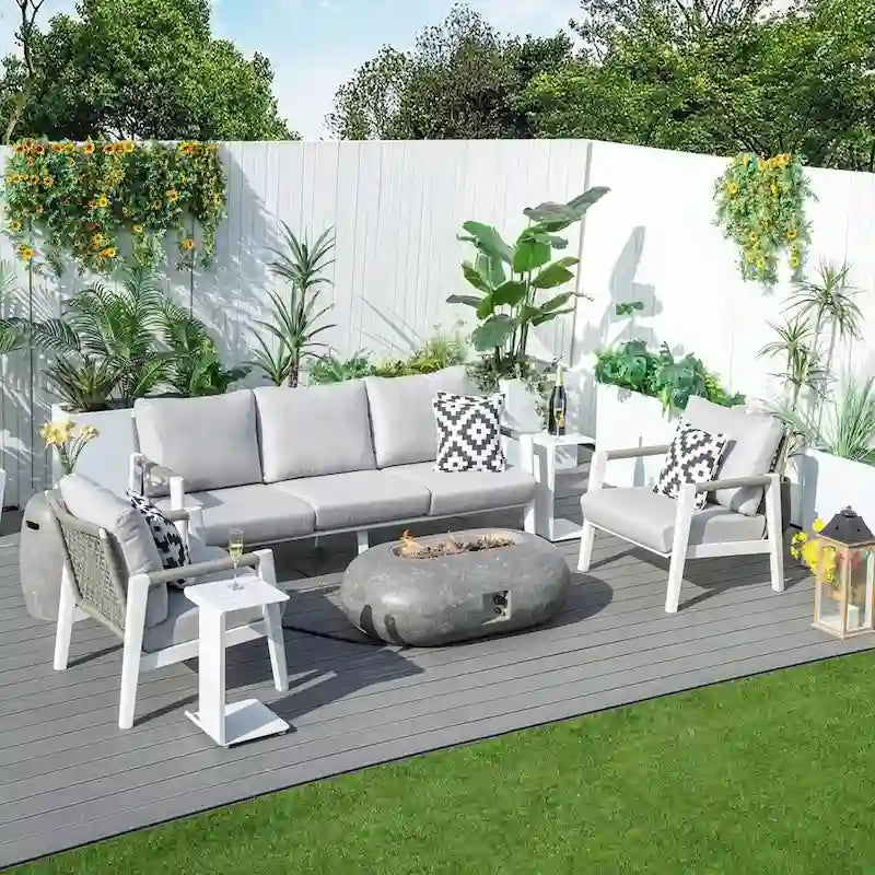 7 Piece Aluminum Patio Conversation Sofa Set with Oval Cement Fire Pit Table